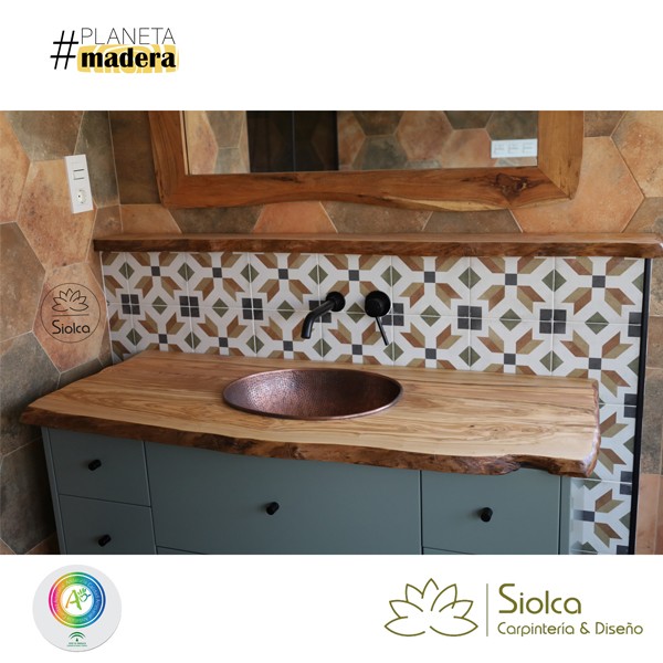 Encimera rústica para baño en madera de olivo Kolette