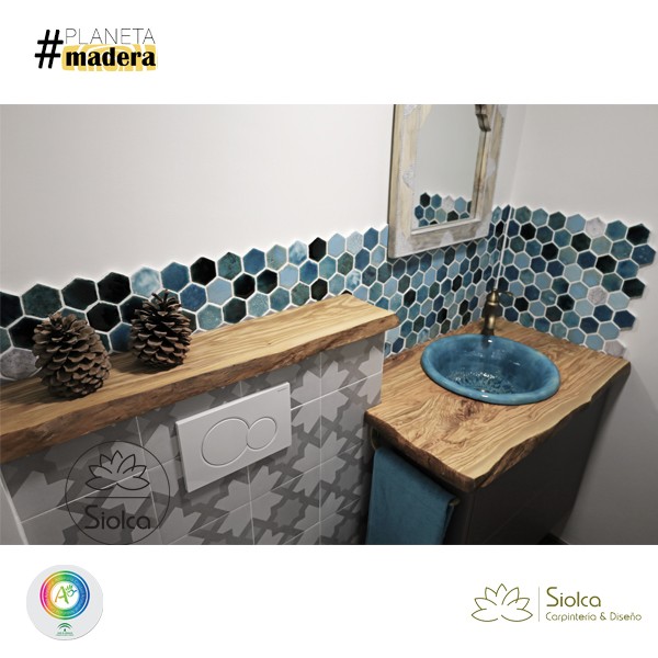 Encimera de baño rústica en madera de olivo Alexandra