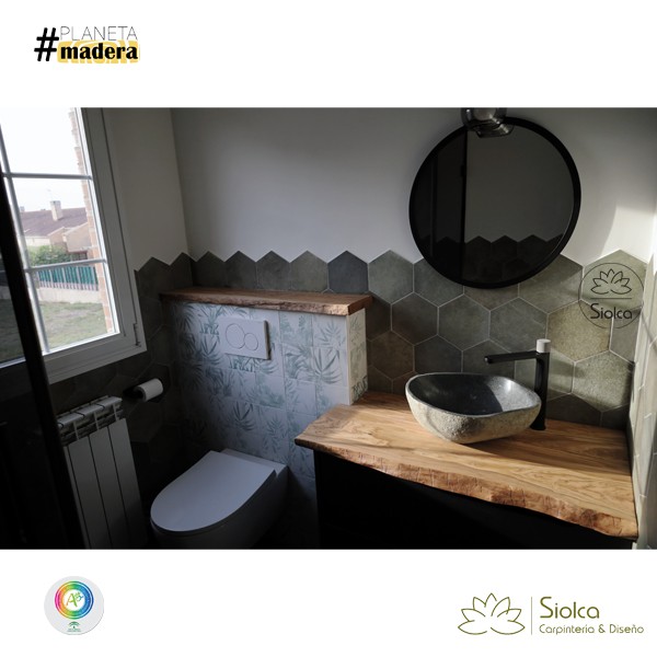 Encimera de baño rústica en madera de olivo Irena